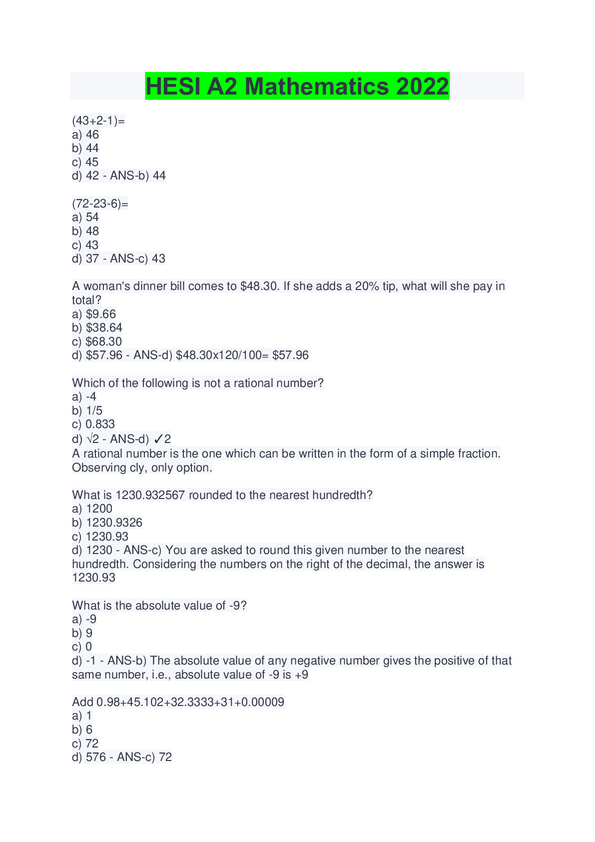 Preview image of HESI A2 Mathematics 2022 document